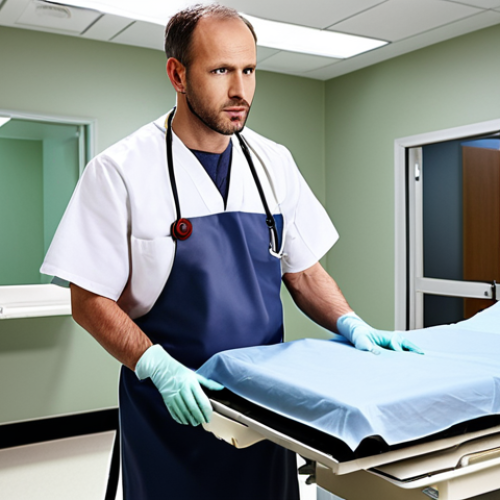 **A patient wearing a lead apron during an X-ray, emphasizing safety and protection, in a modern hospital setting.**