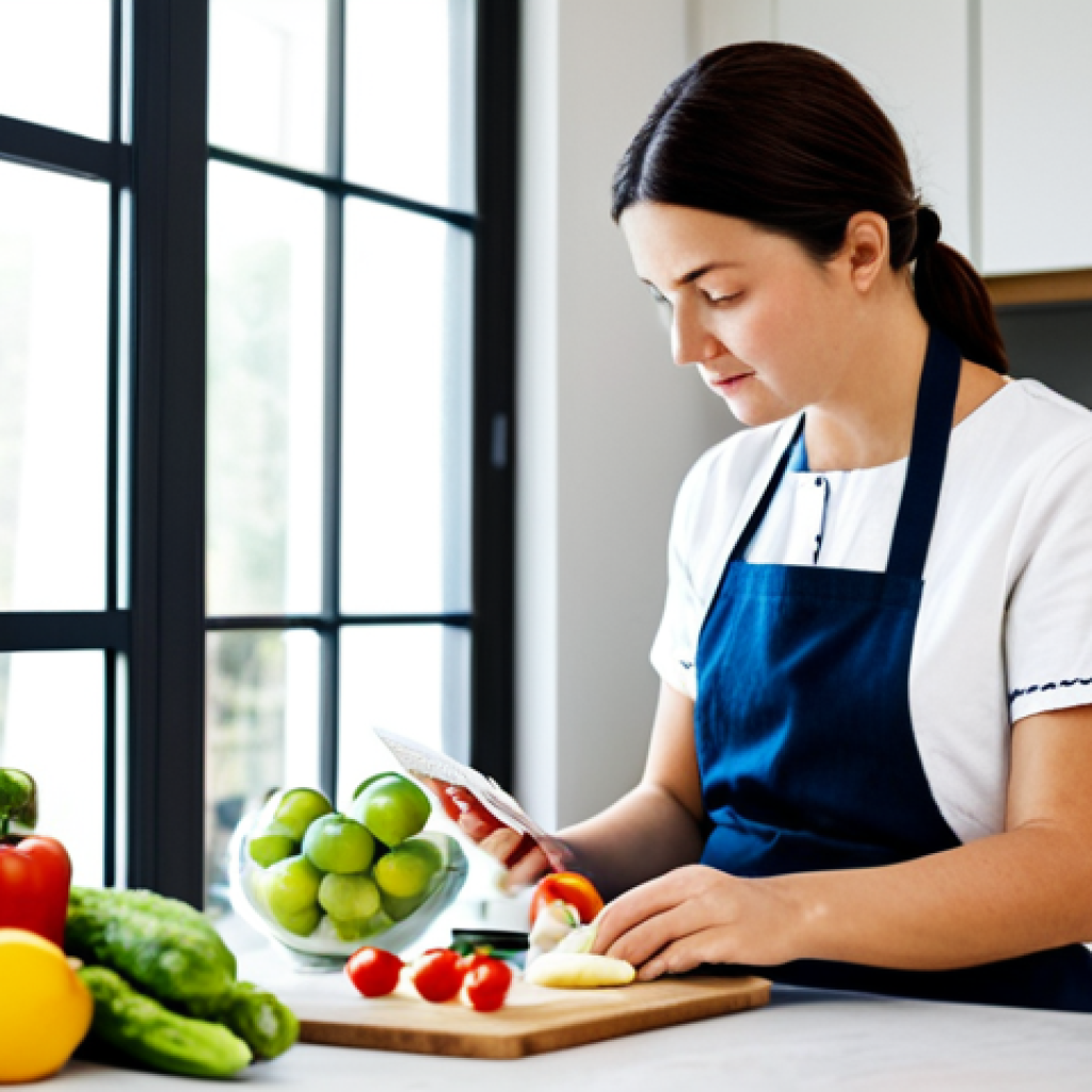 Preparing for the Scan**
A woman in her kitchen, carefully reading the label of a food product, surrounded by fresh vegetables and fruits. She is fully clothed in modest attire, wearing an apron. The kitchen is bright and clean, with natural light coming through the window. safe for work, appropriate content, fully clothed, professional photography, perfect anatomy, correct proportions, natural pose, family-friendly.
**