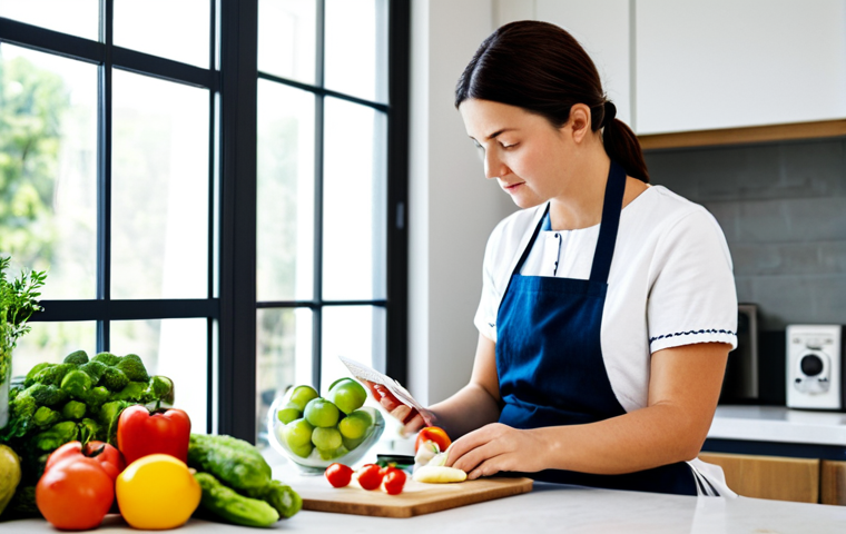 Preparing for the Scan**

A woman in her kitchen, carefully reading the label of a food product, surrounded by fresh vegetables and fruits. She is fully clothed in modest attire, wearing an apron. The kitchen is bright and clean, with natural light coming through the window. safe for work, appropriate content, fully clothed, professional photography, perfect anatomy, correct proportions, natural pose, family-friendly.

**