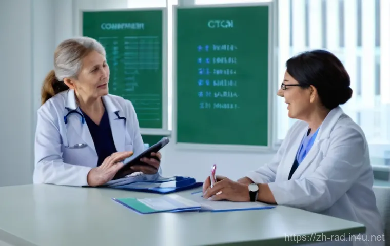 CT 스캔 의료보험 청구 방법 - **Prompt 1: Informed Patient and Doctor Consultation on CT Scan**
A realistic image of a kind fe...