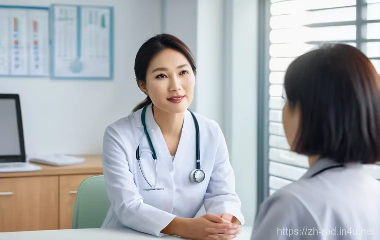 유방암 진단 방사선 검사 비용 - **Prompt:** A serene and confident East Asian woman, aged 35-45, is engaged in a professional health...