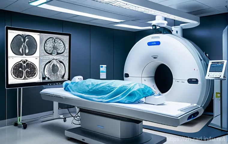 MRI 검사와 방사선 치료의 관계 - **"Precision Strike on the Disease"**
    Inside a sleek, futuristic radiotherapy suite, a glowing, ...