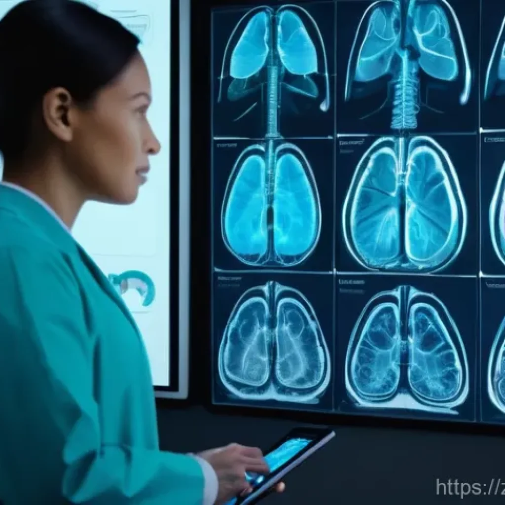 방사선 진단 기기 리뷰 - **AI-Enhanced Medical Diagnostics:**
A team of diverse, professional doctors, including male and...