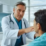 전립선암 방사선 치료 후기 - **Prompt:** "A compassionate scene in a modern doctor's office. A middle-aged man, fully dressed in ...