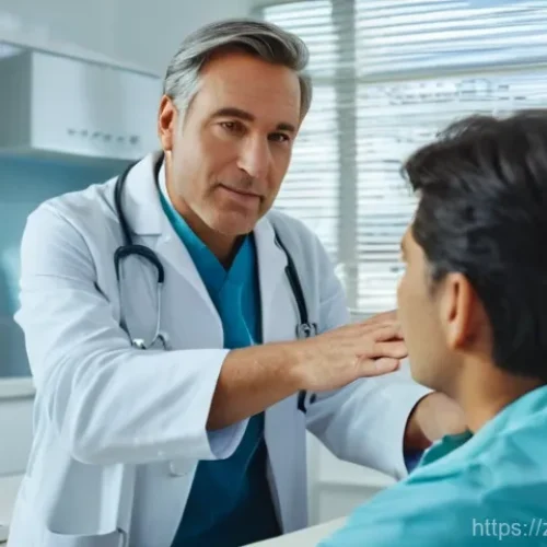 전립선암 방사선 치료 후기 - **Prompt:** "A compassionate scene in a modern doctor's office. A middle-aged man, fully dressed in ...