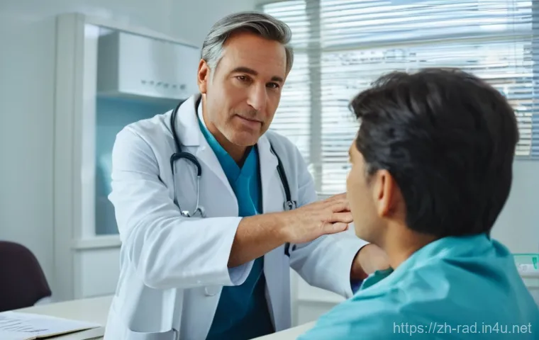 전립선암 방사선 치료 후기 - **Prompt:** "A compassionate scene in a modern doctor's office. A middle-aged man, fully dressed in ...